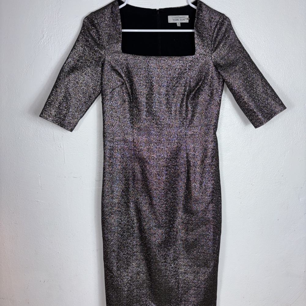 Teri Jon Metallic Silver And Gold Square Neck Cocktail Dress S Knee Length